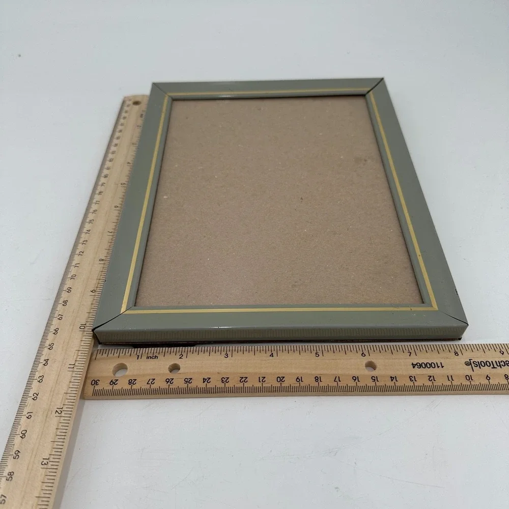 Vintage Gray Enamel Metal 8x10 Picture Frame -‎ Gold Trim Tabletop Display